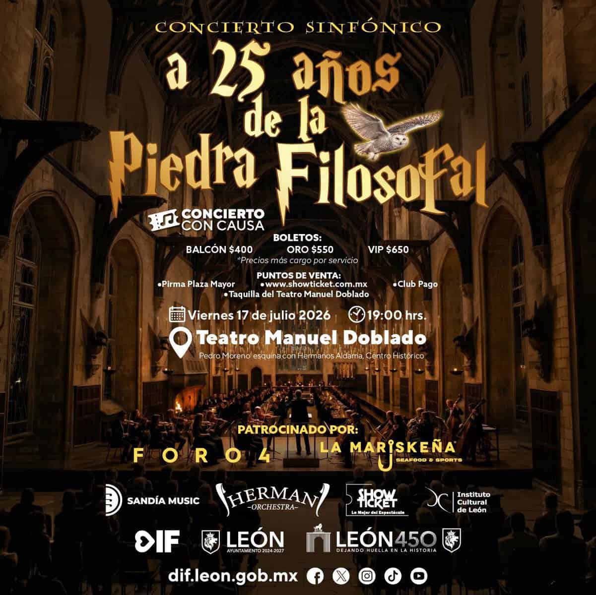 Concierto sinf&oacute;nico en Le&oacute;n por 25 a&ntilde;os de la Piedra Filosofal en Teatro Manuel Doblado.