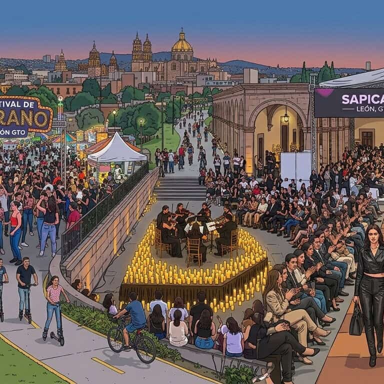 Multitud en festival de verano en León, con música, comida y actividades culturales en un ambiente festivo y familiar.