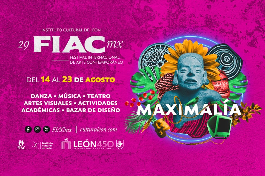 Cartel del festival Maximalía en León, Guanajuato, con arte y cultura contemporánea en agosto.