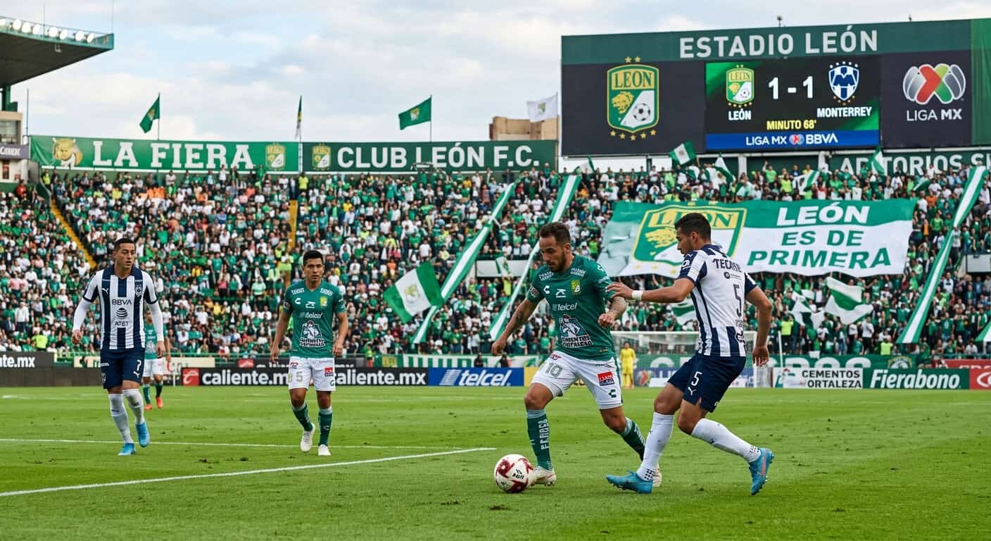 Partido de fútbol en Estadio León con jugadores en acción y público animando en las gradas.