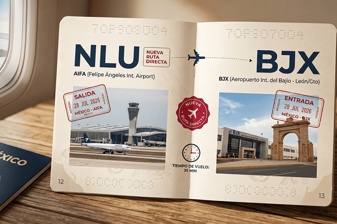 Pasaporte y boleto de avión en aeropuerto de León, Guanajuato, México, para viajeros.