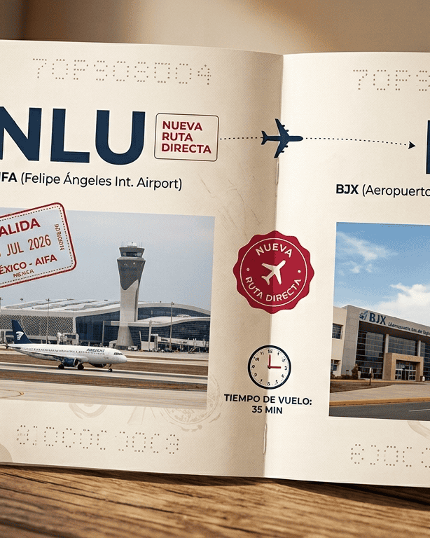 Pasaporte y boleto de avión en aeropuerto de León, Guanajuato, México, para viajeros.