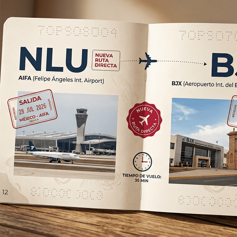 Pasaporte y boleto de avión en aeropuerto de León, Guanajuato, México, para viajeros.