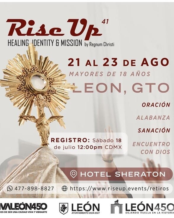 Cartel promocional del evento Rise Up en León, Guanajuato, con detalles de fechas y lugar, enfocado en turismo religioso y de.