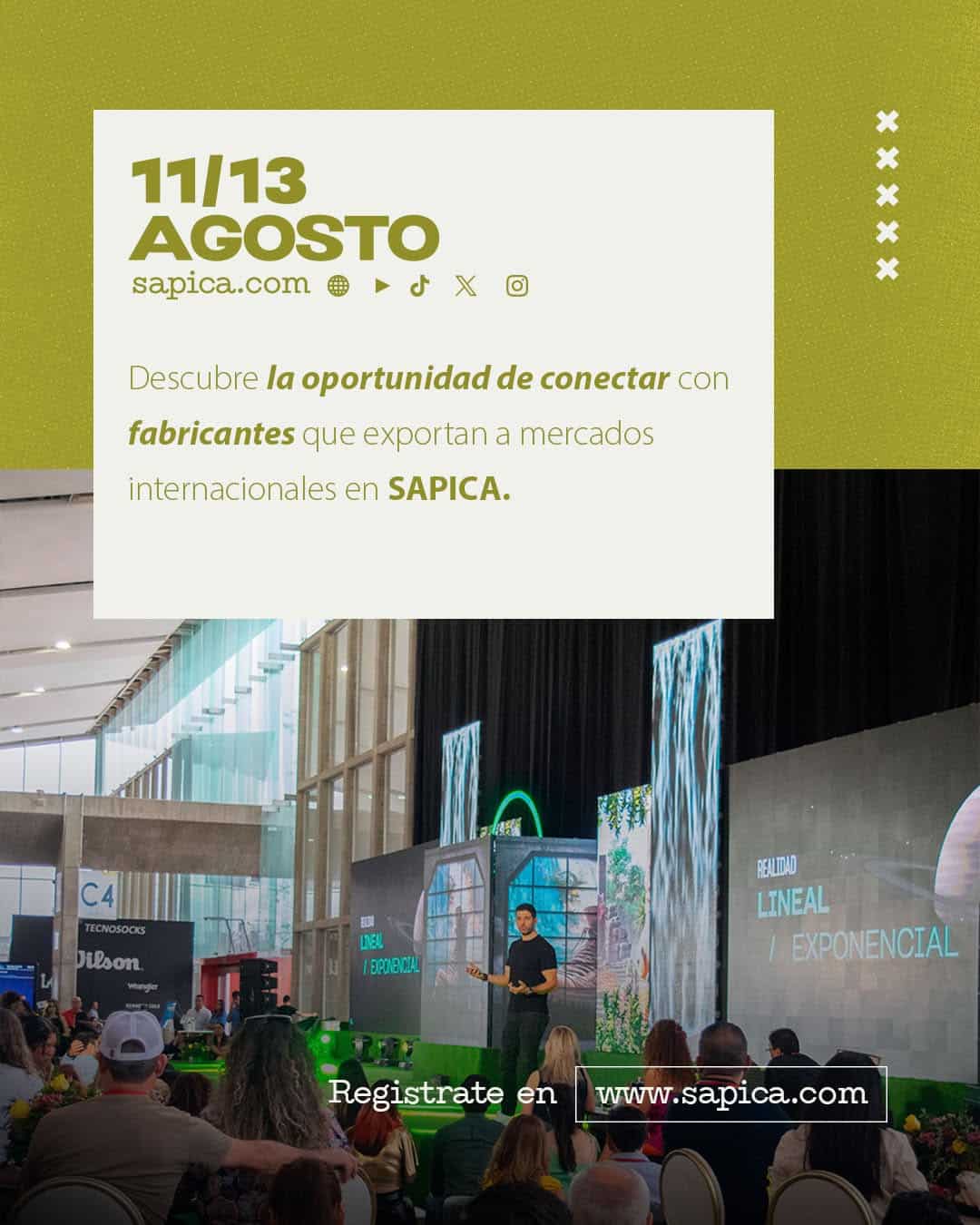 Conferencia en SAPICA 95, evento de moda y calzado en Le&oacute;n, Guanajuato, M&eacute;xico, con p&uacute;blico y presentaciones en el escenario.