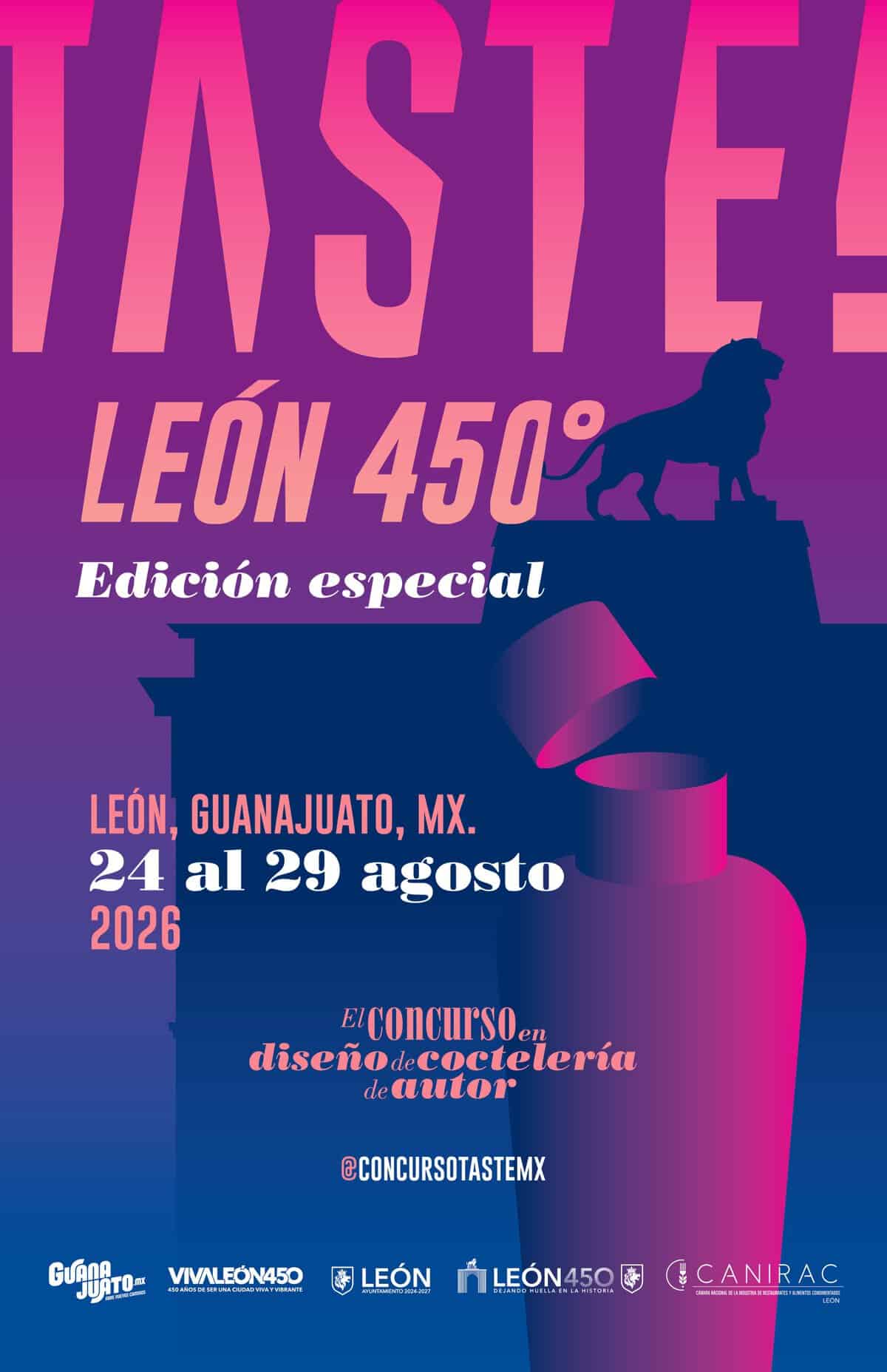 Cartel promocional de Taste! León 450°, evento gastronómico en Guanajuato, México, con detalles del concurso y fechas del 24-.