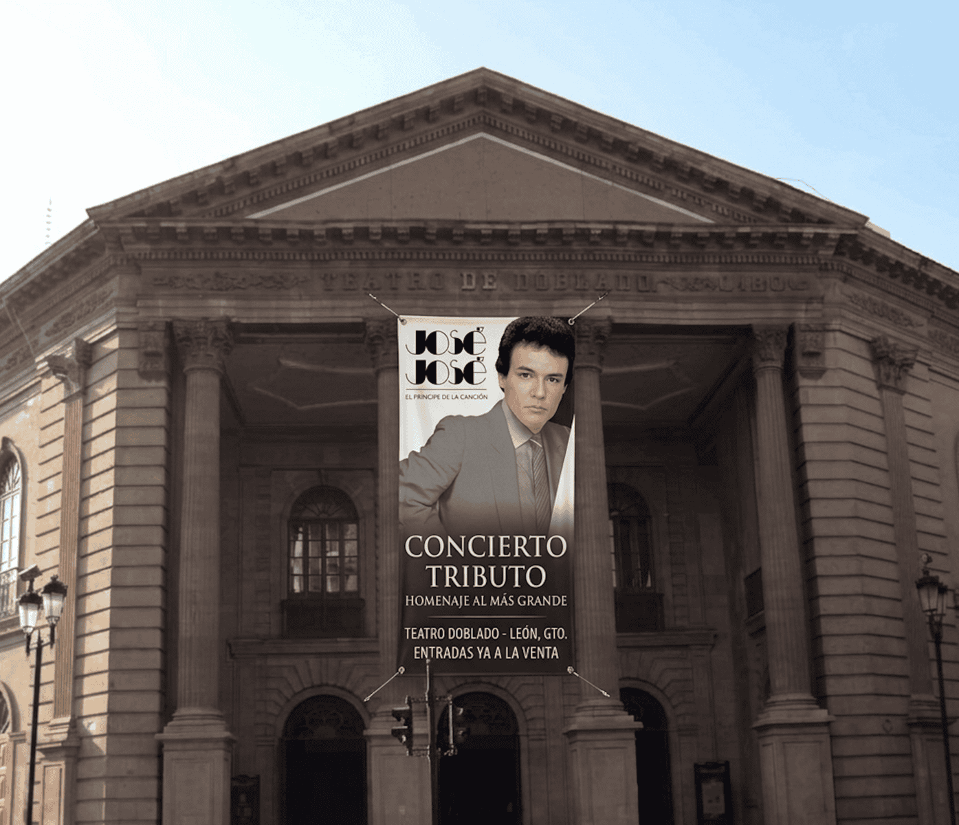 Cartel de concierto tributo a José José en el Teatro de León, Guanajuato, México, promocionando evento cultural y musical.