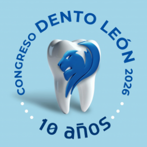 Imagen del logo del Congreso Dento León 2026 con un diente y un león en azul y blanco, promocionando el evento dental en León.