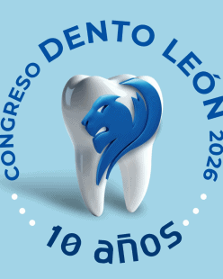 Imagen del logo del Congreso Dento León 2026 con un diente y un león en azul y blanco, promocionando el evento dental en León.