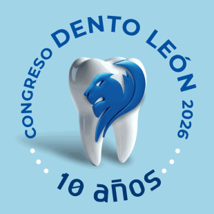 Imagen del logo del Congreso Dento León 2026 con un diente y un león en azul y blanco, promocionando el evento dental en León.
