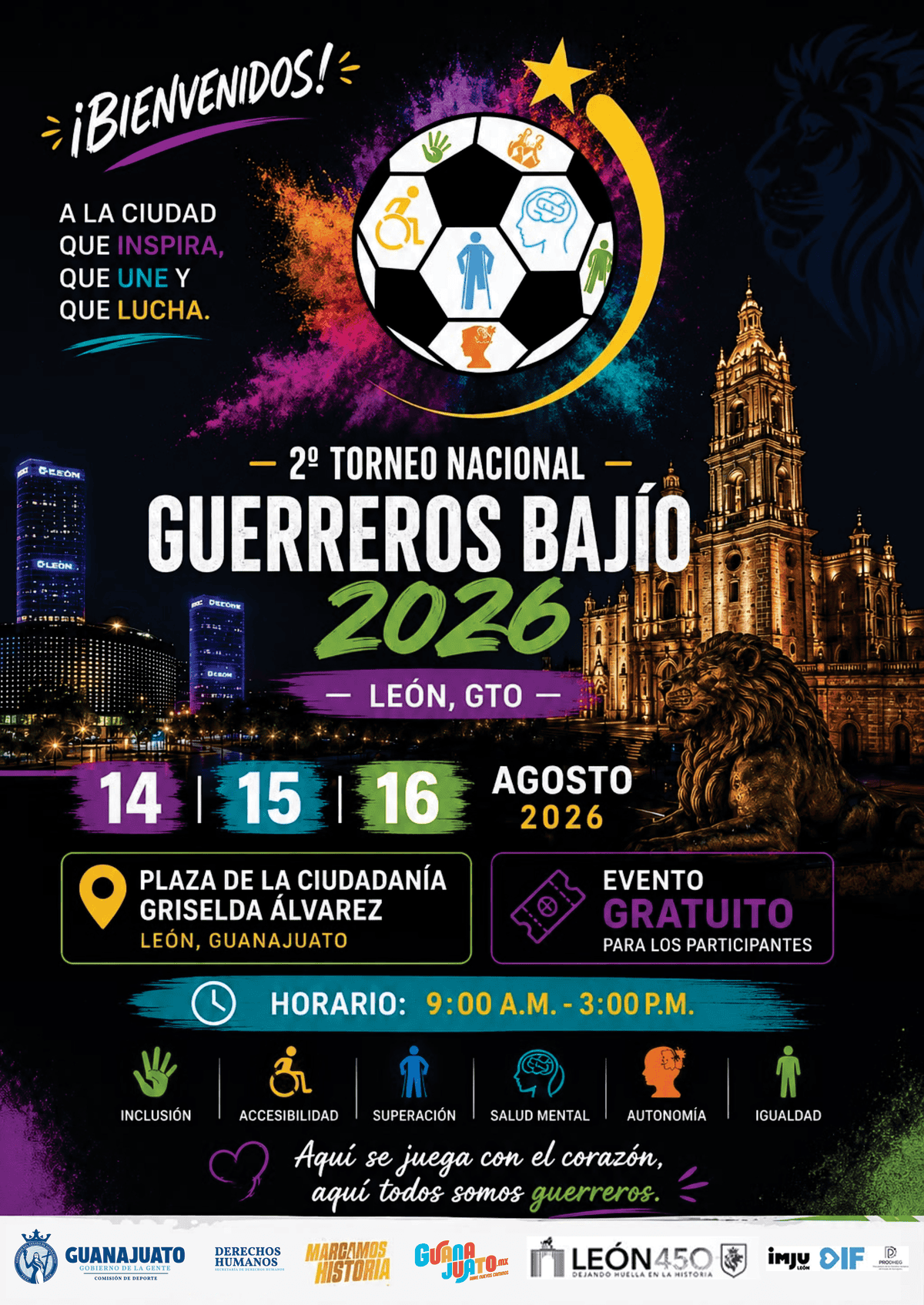 Imagen del cartel del 2.º Torneo Guerreros Bajío en León, Guanajuato, con detalles del evento y la ciudad.