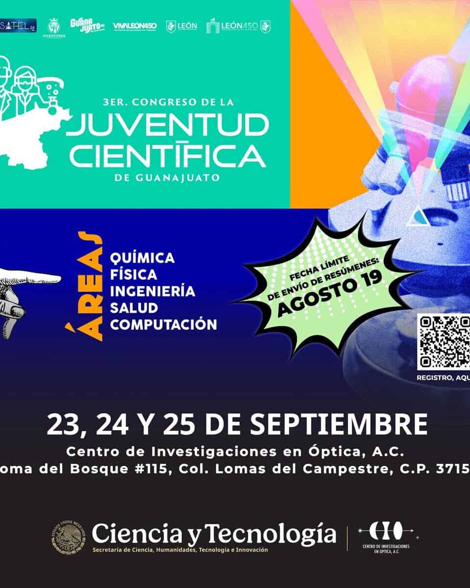 Cartel del 3er Congreso de Juventud Científica en León, Guanajuato, con información sobre fechas y temas.
