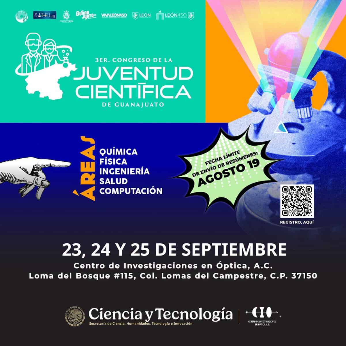 Cartel del 3er Congreso de Juventud Científica en León, Guanajuato, con información sobre fechas y temas.