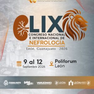 Cartel del Congreso Nacional e Internacional de Nefrología en León, Guanajuato, con logo de un riñón y un león.