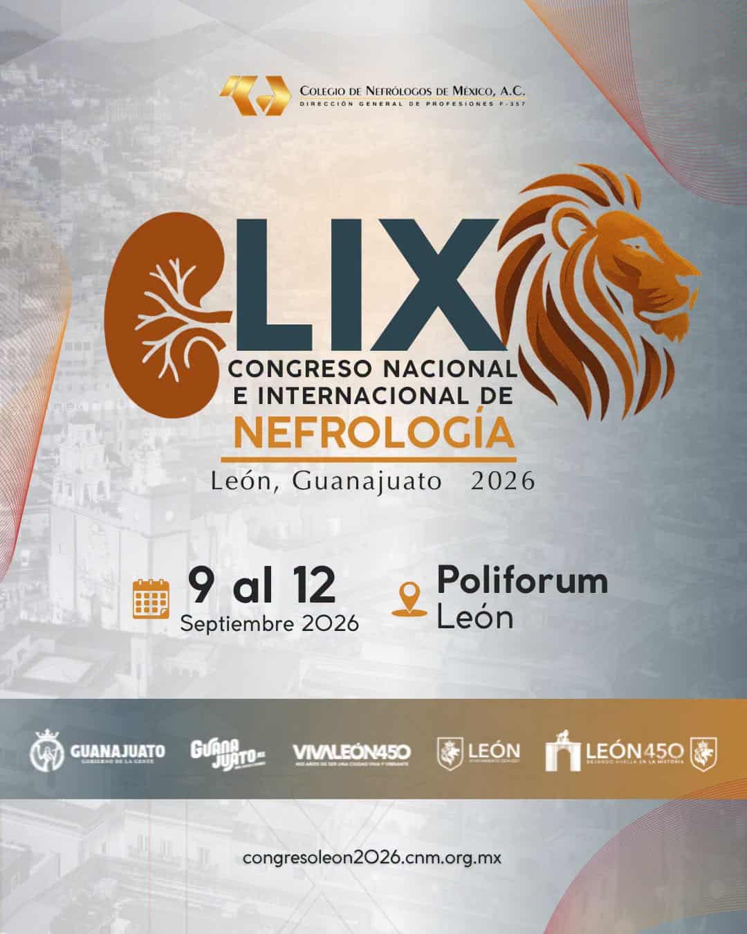 Cartel del Congreso Nacional e Internacional de Nefrología en León, Guanajuato, con logo de un riñón y un león.