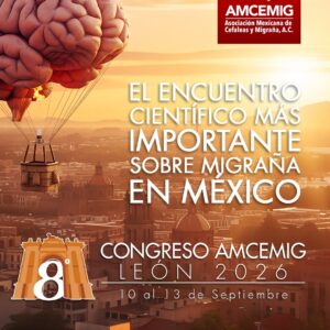 Imagen promocional del Congreso AMCEMIG en León, Guanajuato, con globo aerostático y cerebro, para promover la salud cerebral.