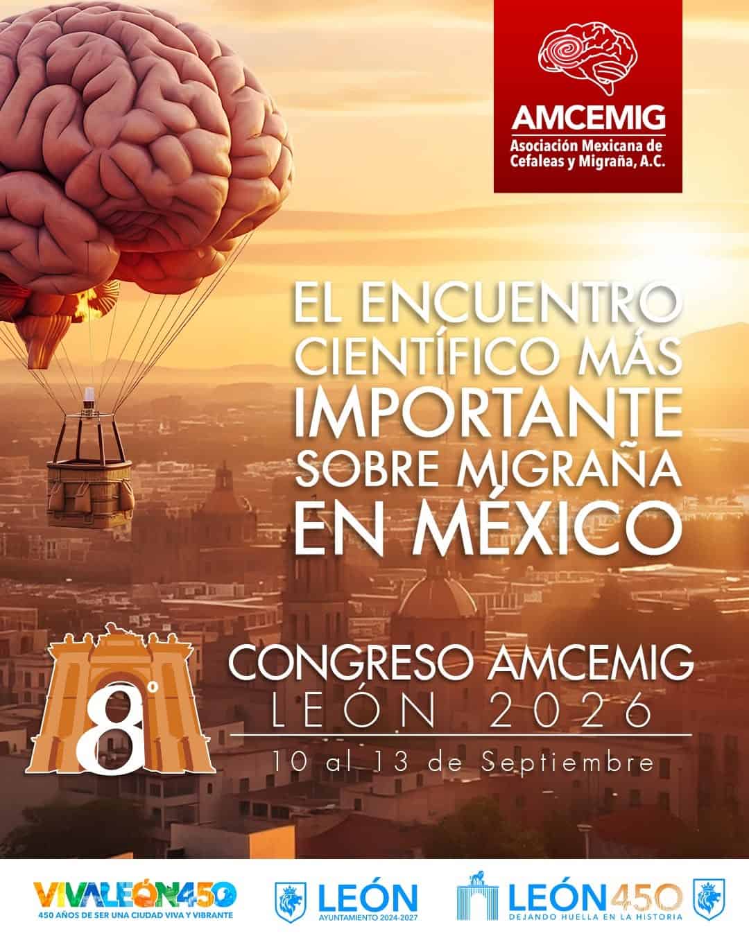 Imagen promocional del Congreso AMCEMIG en León, Guanajuato, con globo aerostático y cerebro, para promover la salud cerebral.