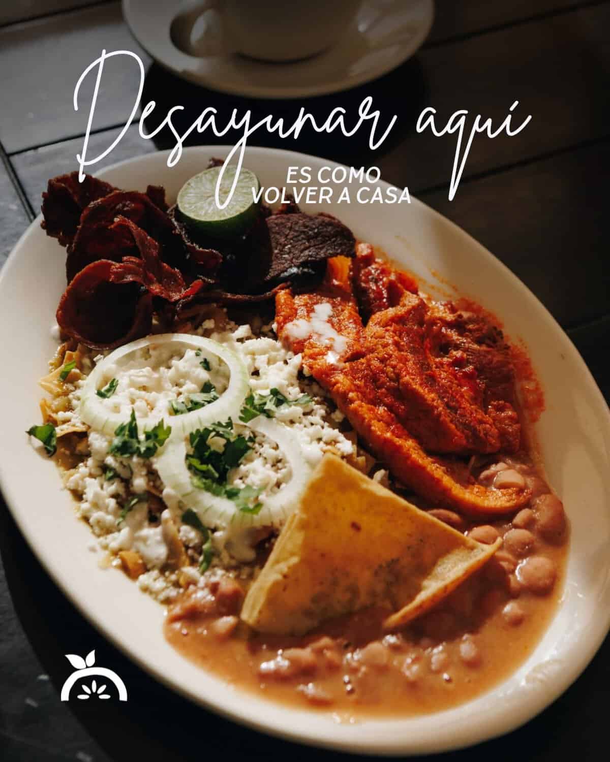 Desayuno mexicano con chilaquiles, carne asada y queso fresco, representando la gastronom&iacute;a local de Le&oacute;n, Guanajuato.