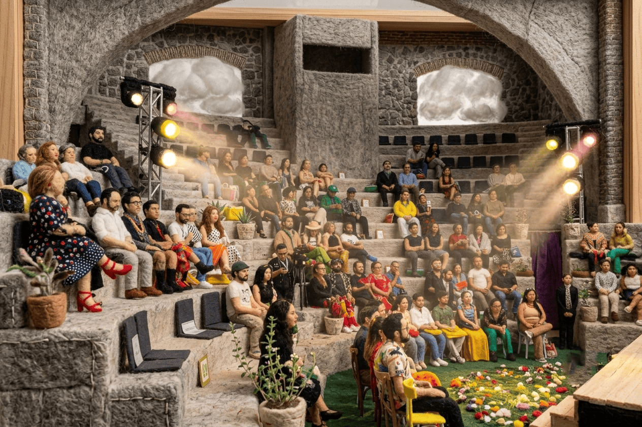 Audiencia disfrutando de un espect&aacute;culo cultural en un teatro de Le&oacute;n, Guanajuato, con iluminaci&oacute;n y escenario tradicional.