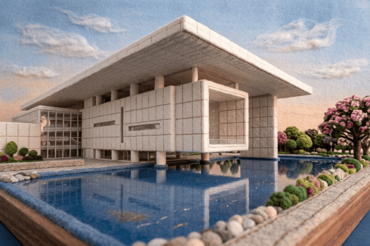 Edificio moderno del Museo de Arte e Historia de Le&oacute;n con reflejo en el agua, jardines floridos y cielo despejado.