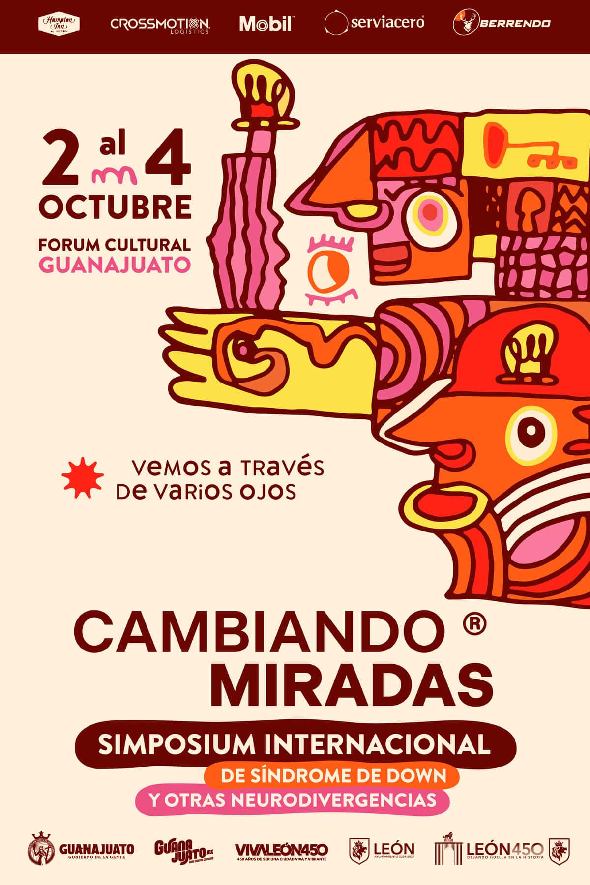 Imagen del simposio internacional en León, Guanajuato, sobre síndrome de Down y neurodivergencias, con arte colorido y diseño.