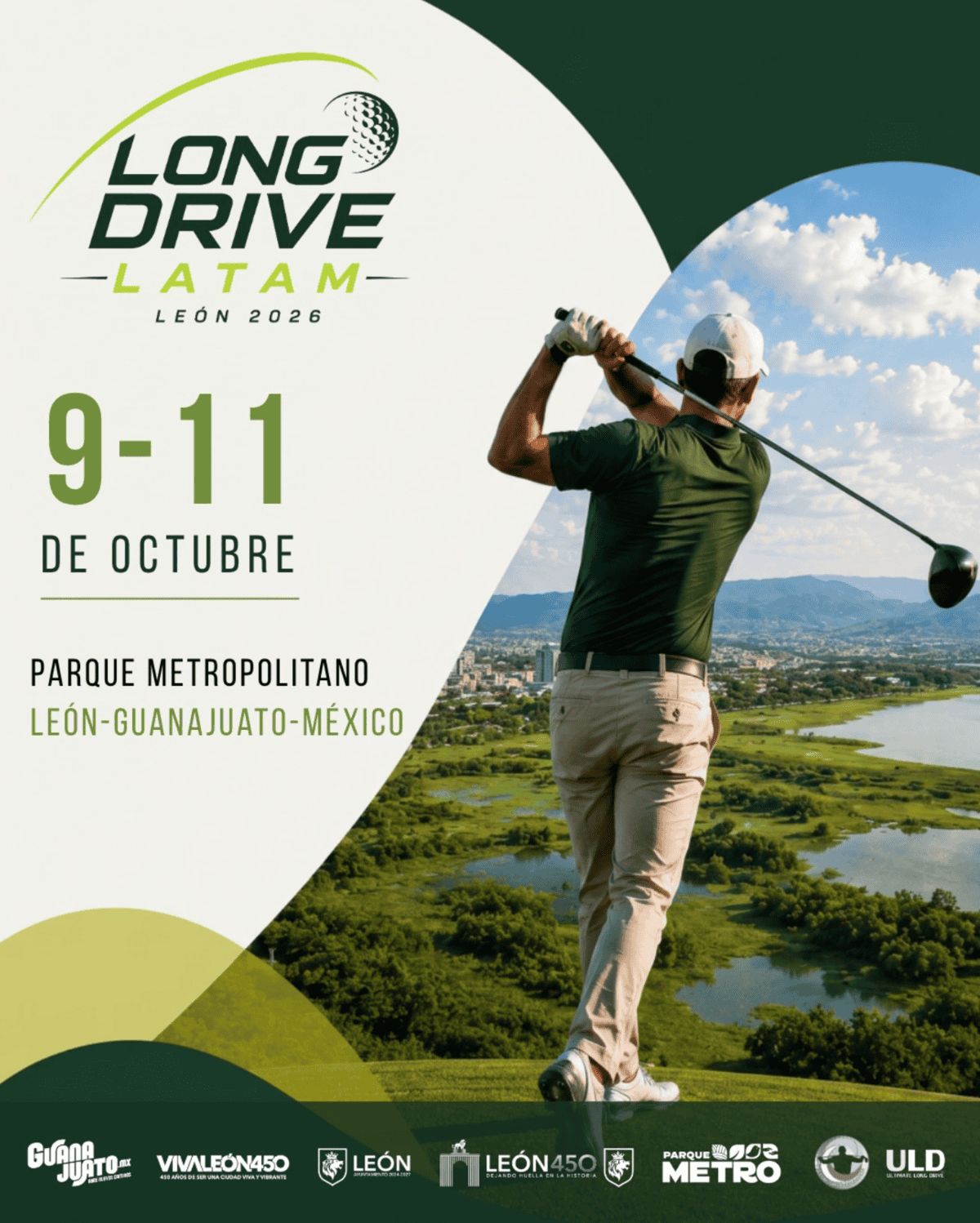 Golfista en acción en el Campeonato Long Drive LATAM 2026 en León, Guanajuato, México, con paisaje natural y cielo despejado.