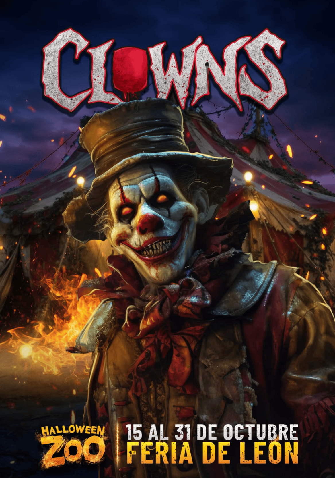 Payaso aterrador de Halloween en León, con fondo de circo en llamas y ambiente terrorífico para la feria.