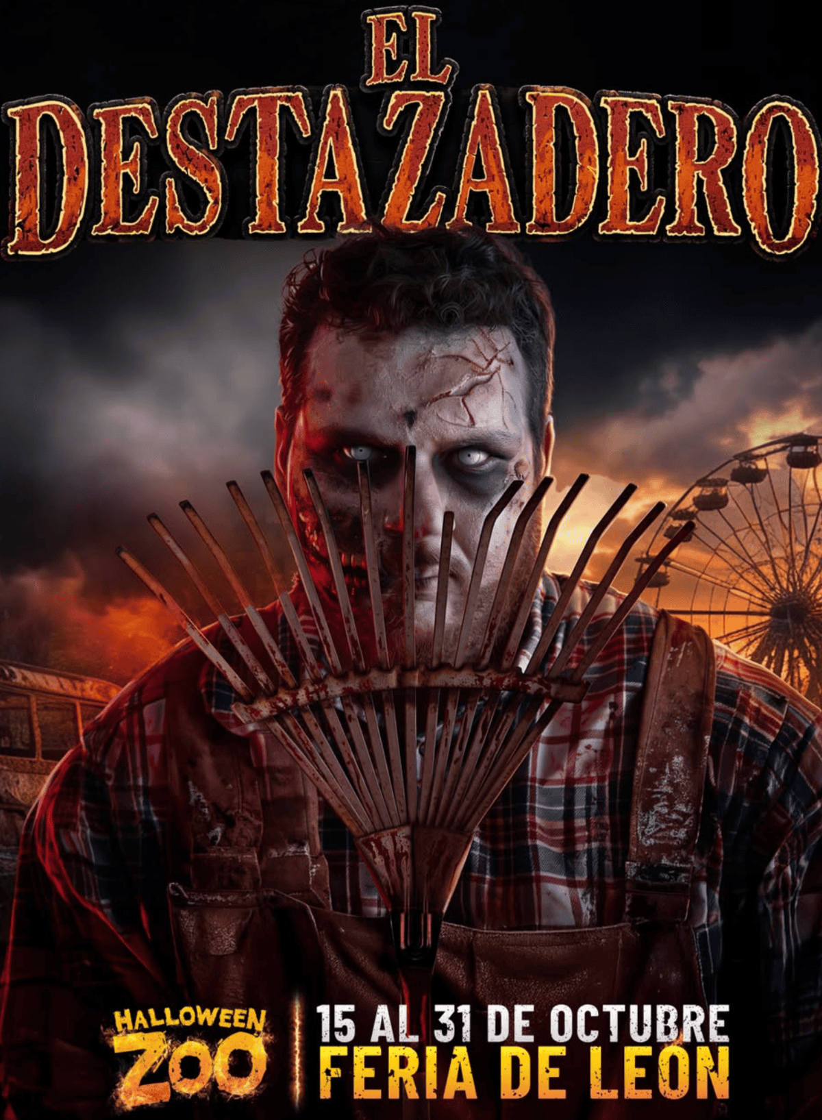 Espectacular imagen de Halloween en el Zoológico de León con un personaje aterrador y ambiente de terror.