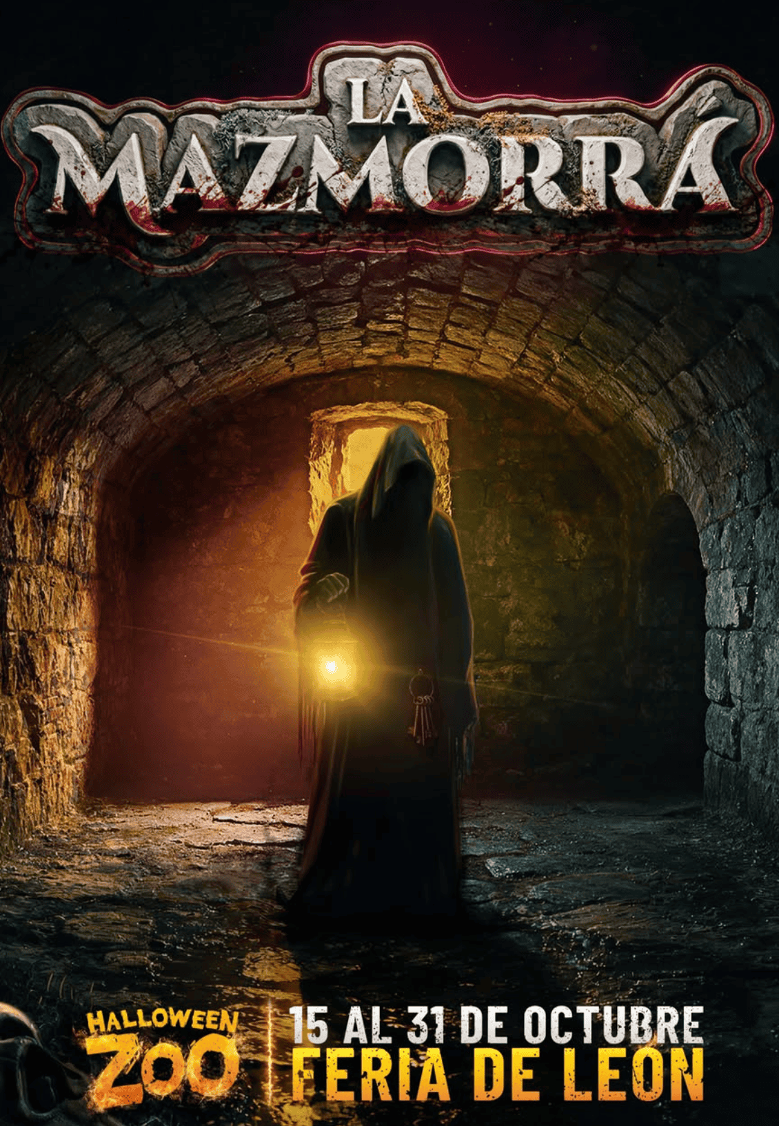 Escena de terror en La Mazmorra, feria de León, con figura misteriosa en túnel oscuro y ambiente escalofriante.