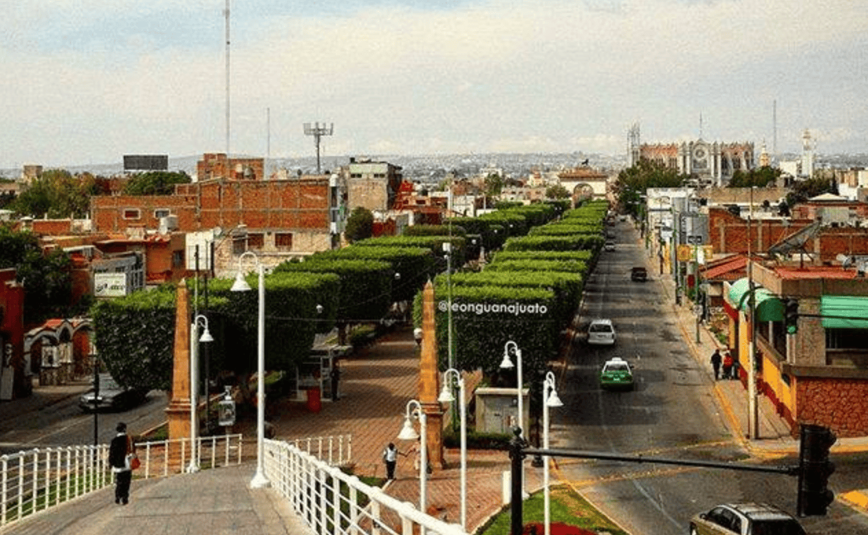 Vista de calles de León Guanajuato con árboles, edificios y tráfico en un día despejado.