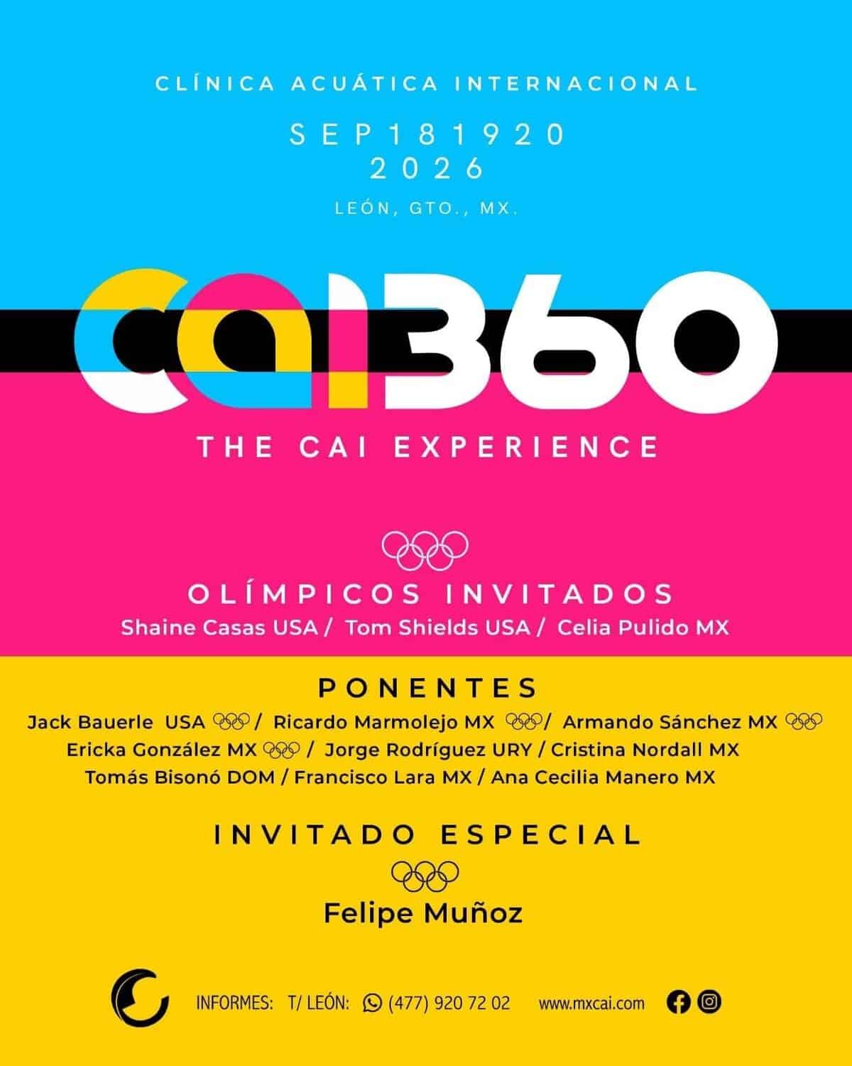Cartel del evento Color 360 en León, Guanajuato, con detalles del programa y invitados especiales.