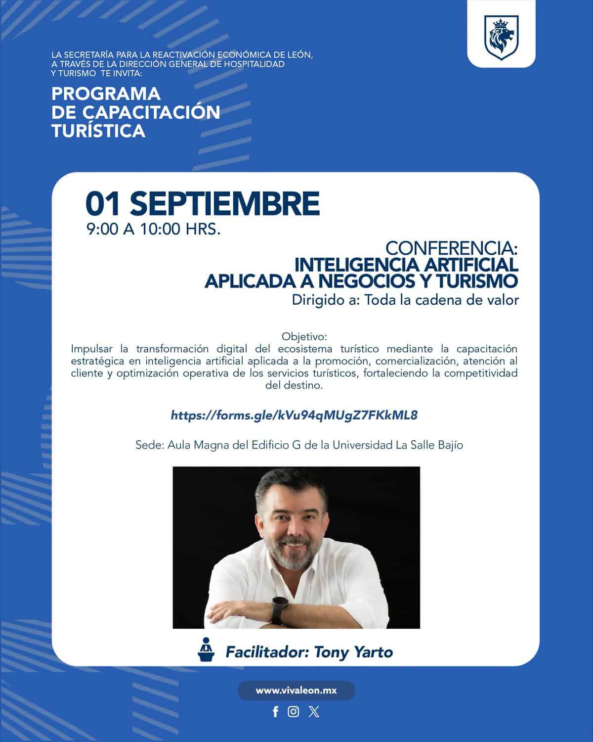 Cartel promocional de conferencia sobre inteligencia artificial aplicada a negocios y turismo en León, Guanajuato.