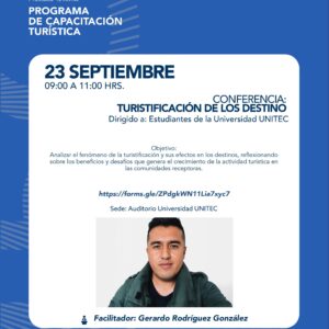 Cartel promocional de la conferencia sobre turistificación en León, Guanajuato, dirigida a estudiantes universitarios.