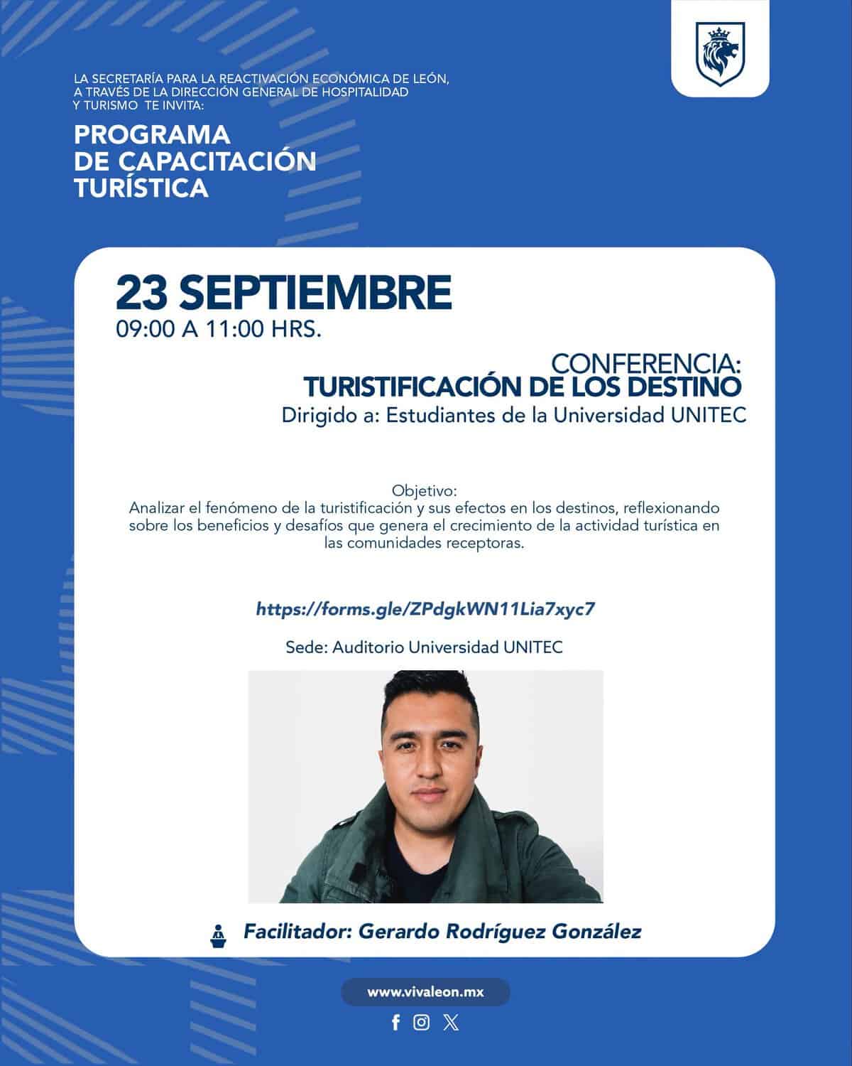 Cartel promocional de la conferencia sobre turistificación en León, Guanajuato, dirigida a estudiantes universitarios.