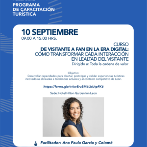 Cartel promocional del curso sobre lealtad digital en León, Guanajuato, con detalles del evento y facilitadora.