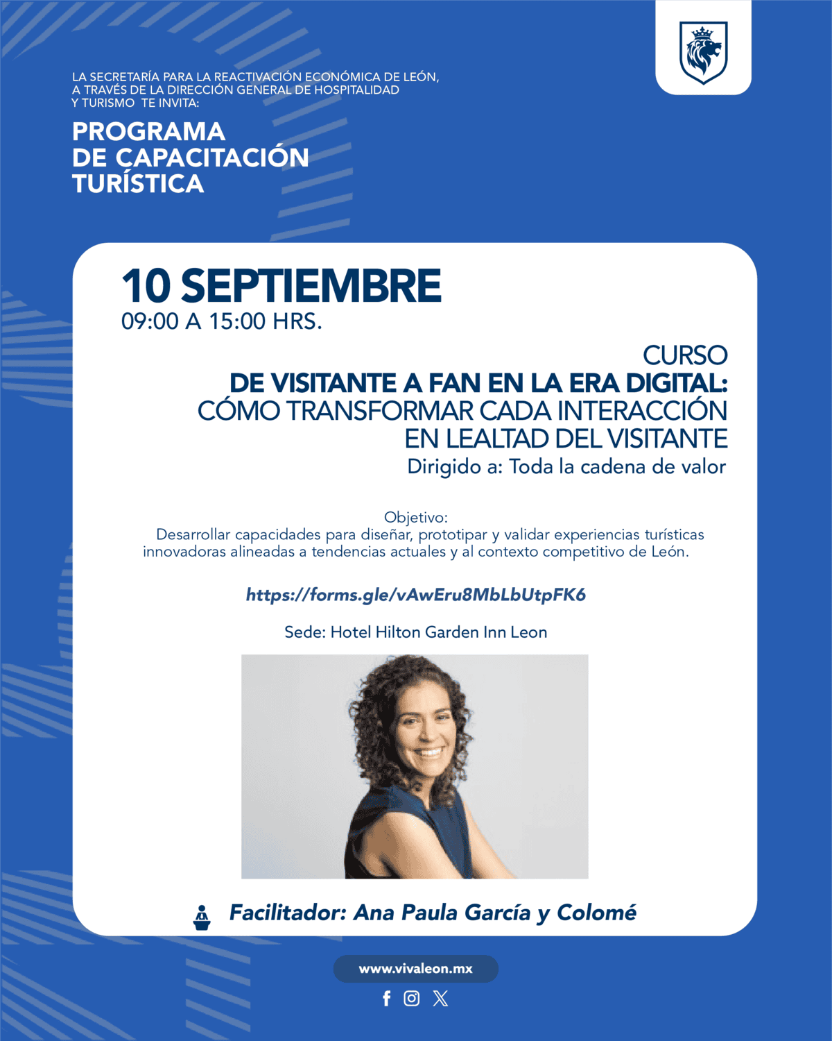 Cartel promocional del curso sobre lealtad digital en León, Guanajuato, con detalles del evento y facilitadora.