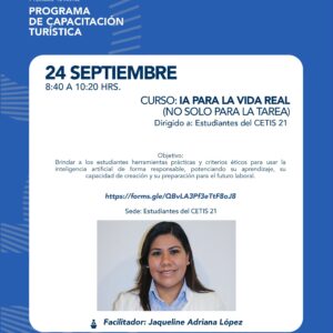 Curso de IA para la vida real en León, dirigido a estudiantes del CETIS 21, con facilitadora Jaqueline Adriana López.