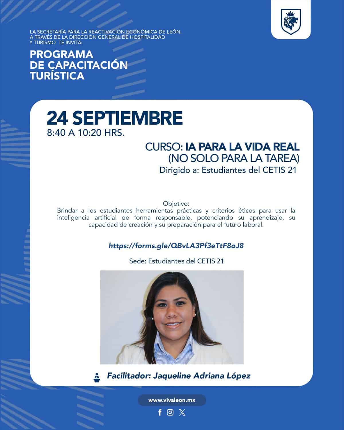 Curso de IA para la vida real en León, dirigido a estudiantes del CETIS 21, con facilitadora Jaqueline Adriana López.