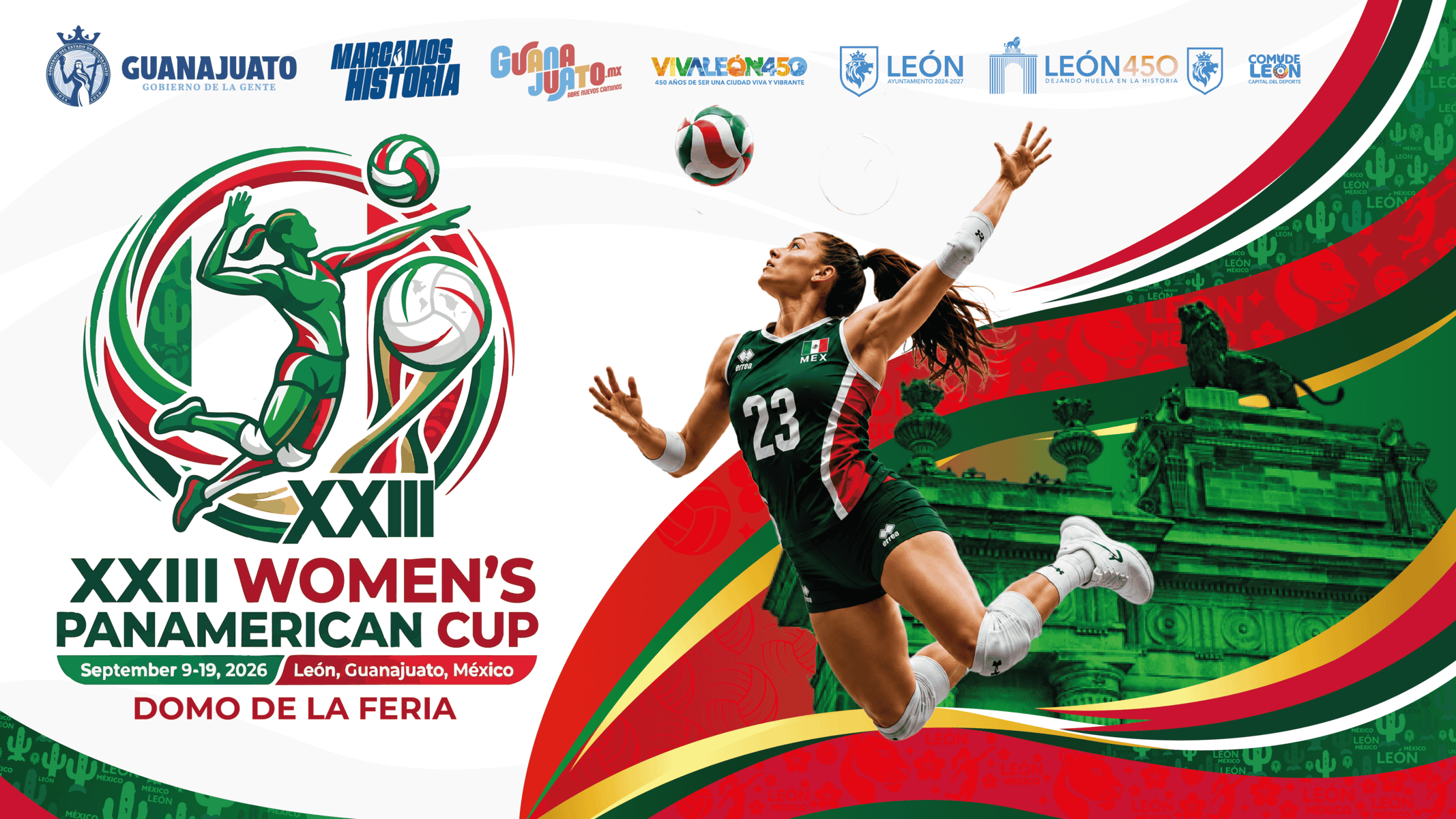Jugadora de voleibol en acción en el torneo XXIII Copa Panamericana Femenil 2026 en León, Guanajuato, México.