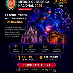 Imagen promocional de la LXIII Semana Médico Quirúrgica Nacional 2026 en León, Guanajuato, con temática de innovación médica.