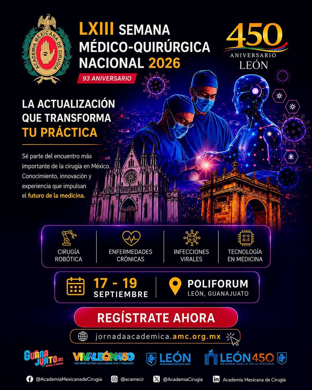 Imagen promocional de la LXIII Semana Médico Quirúrgica Nacional 2026 en León, Guanajuato, con temática de innovación médica.
