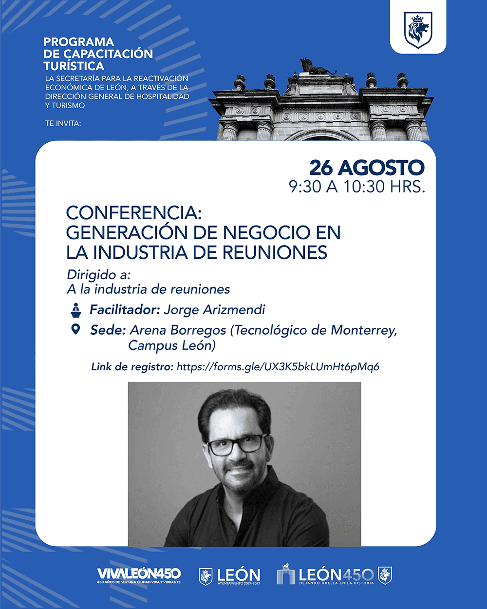 Cartel de conferencia en León, Guanajuato, sobre generación de negocio en la industria de reuniones, con detalles del evento.