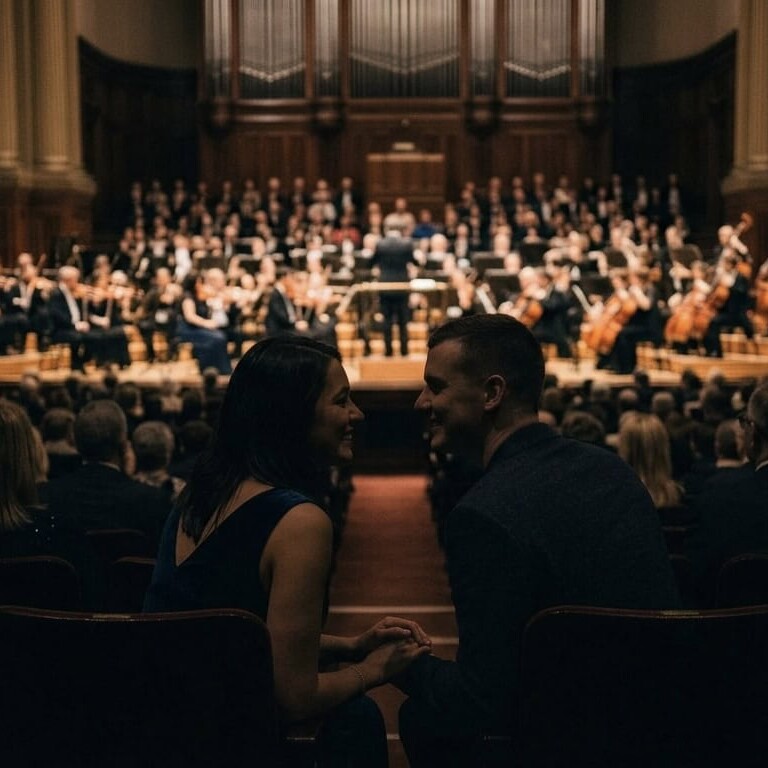 Pareja disfrutando de un concierto en León, Guanajuato, con orquesta en vivo en un auditorio elegante y lleno de espectadores.
