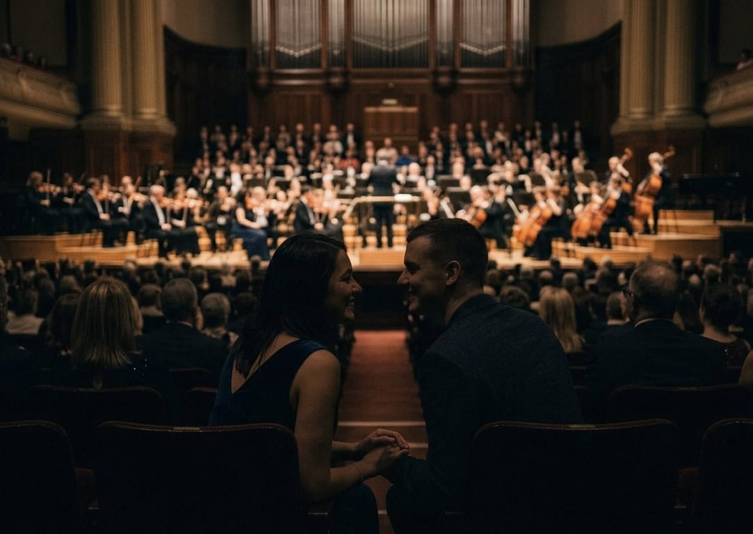 Pareja disfrutando de un concierto en León, Guanajuato, con orquesta en vivo en un auditorio elegante y lleno de espectadores.