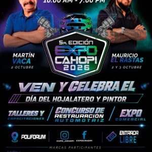 Cartel promocional de Expo CAHOPI 2026 en León, Guanajuato, con fechas, talleres y actividades destacadas.