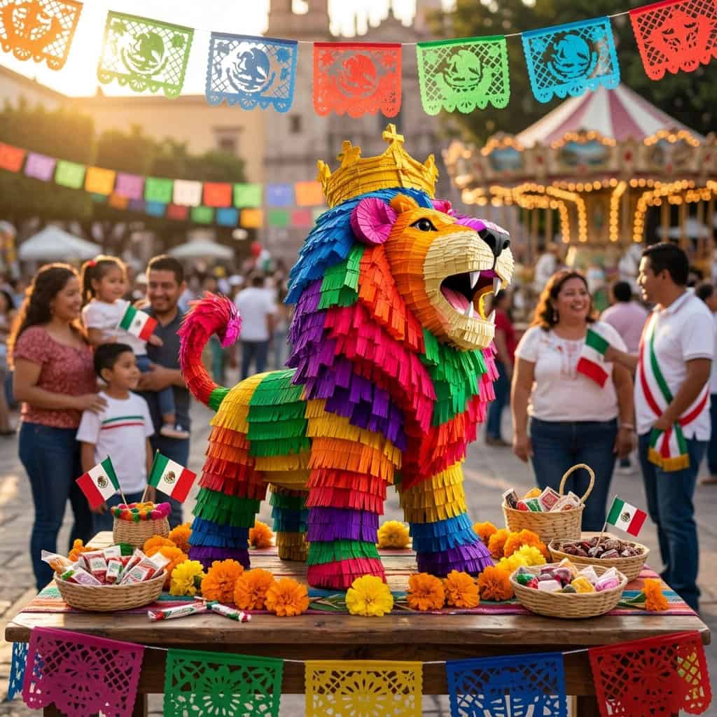 Colorido desfile con pi&ntilde;ata de le&oacute;n y banderas mexicanas en Le&oacute;n, Guanajuato, durante festividades patrias.