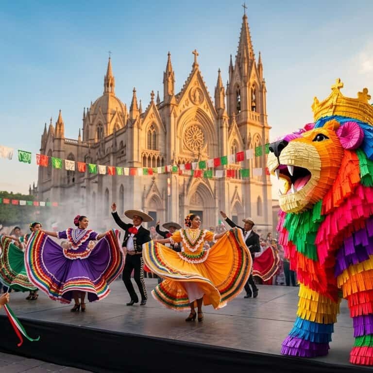 Espectáculo tradicional en León con bailarines y un colorido piñata gigante en la plaza principal.