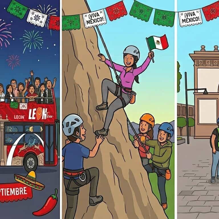 Turistas disfrutando de festivales, escalada y paseos en León, Guanajuato, México, con actividades culturales y de aventura.