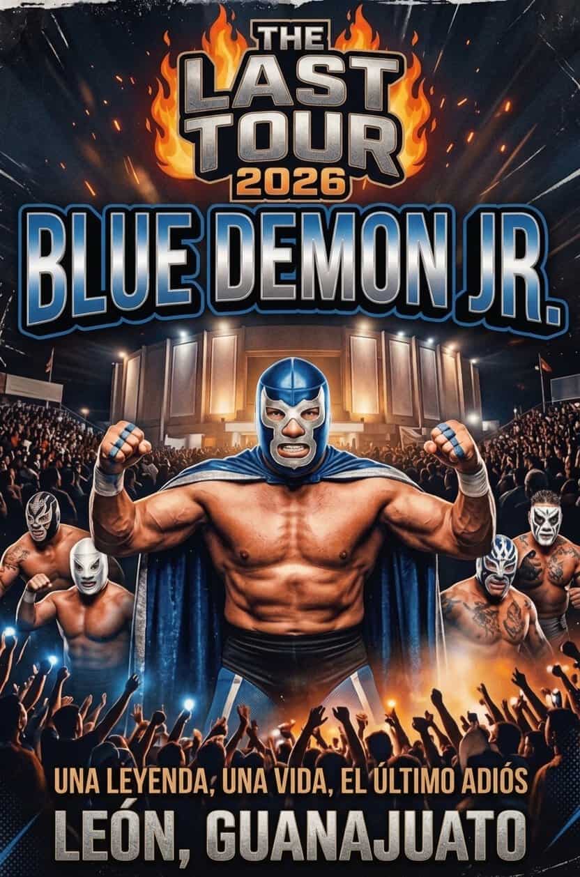 Imagen de Blue Demon Jr. en un evento de lucha libre en León, Guanajuato, con público y efectos de luces.