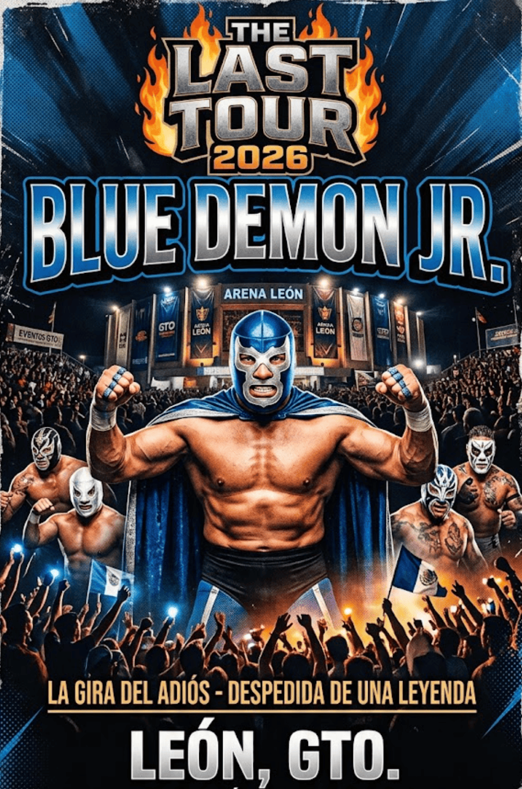 Imagen de Blue Demon Jr. en el evento de lucha libre en León, Guanajuato, con público y escenario en el fondo.